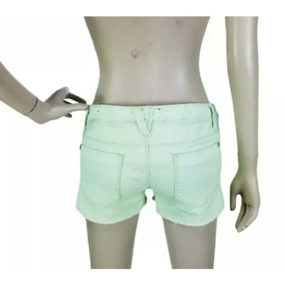 Vintage 90's Y2K Pastel Green Denim Frayed Edge Gold Studded Short Shorts - Picture 4 of 7